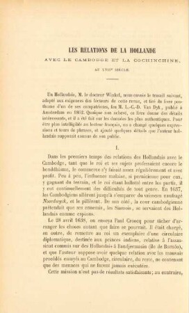 Les relationes de la Hollande avec le Cambodge et la Cochincine