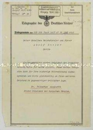 Telegramm des Präsidenten der Karpatoukraine Awgustyn Woloschyn an Hitler mit Beistandsgesuch