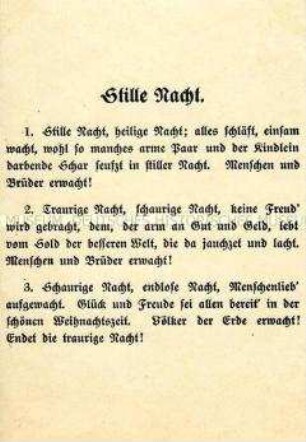 Gedichtblatt mit einer Umdichtung des Weihnachtsgedichtes "Stille Nacht" zu einem revolutionären Aufruf