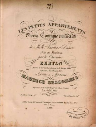 Les petits appartements : opéra comique en un acte ; représenté sur le Théâtre Royal de l'Opéra Comique le 9 juillet, 1827