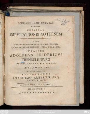 Specimen Ivris Natvrae Exhibens Genvinam Impvtationis Notionem : A. D. XIIII. April. A. O. R. MDCCLXI.