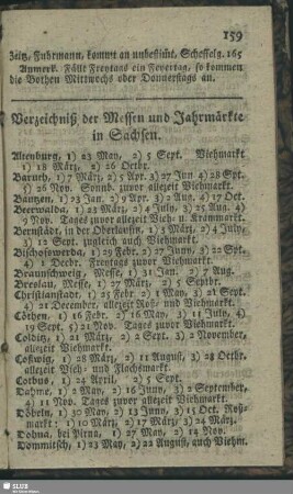 Verzeichniß der Messen und Jahrmärkte