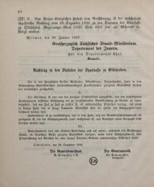 12. Ministerial-Bekanntmachung, betreffend einen Nachtrag zu den Statuten der Sparkasse zu Oldisleben