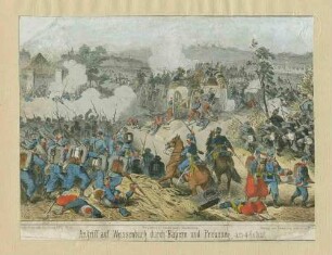 Angriff auf die Stadt Weissenburg durch bayerische und preussische Einheiten am 4. August 1870, Franzosen verlassen ihre umkämpfte Geschützstellung, Weissenburg ist, im Bild links, in Qualm gehüllt