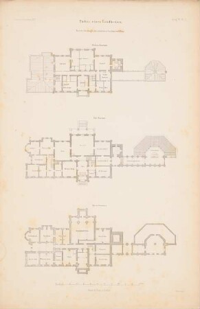 Umbau eines Landhauses: Grundriss Keller, EG, 1.OG (aus: Atlas zur Zeitschrift für Bauwesen, hrsg. v. G. Erbkam, Jg. 7, 1857)
