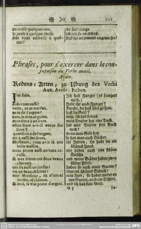 Phrases, pour s' exercer dans la conjugaison du Verbe auxil. Avoir. Redens-Arten, zu Ubung des Verbi Aux. Avoir, haben