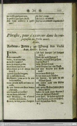 Phrases, pour s' exercer dans la conjugaison du Verbe auxil. Avoir. Redens-Arten, zu Ubung des Verbi Aux. Avoir, haben