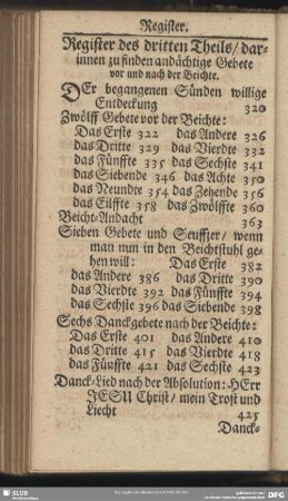 Register des dritten Theils, darinnen zu finden andächtige Gebete vor und nach der Beichte
