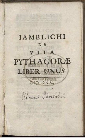 Jamblichi De Vita Pythagorae Liber Unus