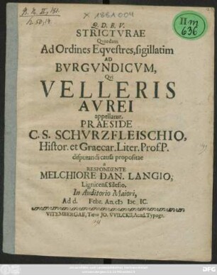Stricturae Quaedam Ad Ordines Equestres, sigillatim Ad Burgundicum, Qui Velleris Aurei appellatur