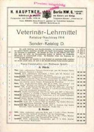 Veterinär-Lehrmittel / Katalog-Nachtrag 1914 zum Sonder-Katalog D.