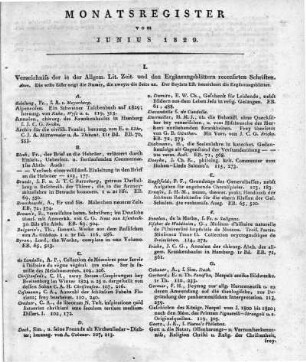 Monatsregister vom Junius 1829