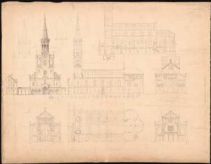 Kirche: Grundriss, Aufriss Westseite mit Turm, Südseite, Chorseite, Längsschnitt, Querschnitt zur Orgel, zum Altar, Maßstabsleiste