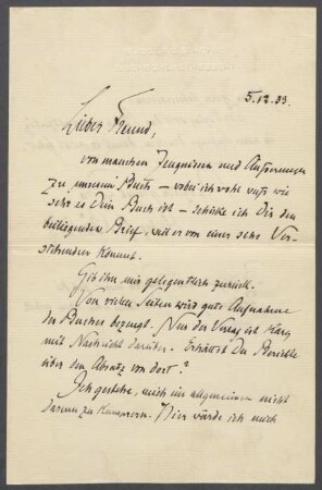 Brief von Rudolf G. Binding an Georg Kolbe