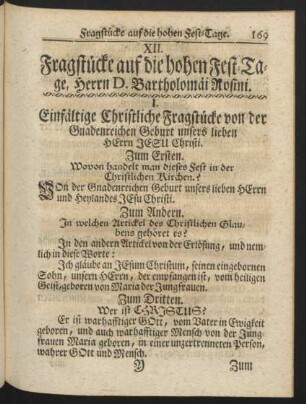 XII. Fragstücke auf die hohen Fest-Tage, Herrn D. Bartholomäi Rosini