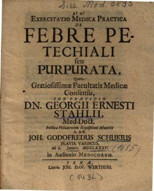 Exercitatio Medica Practica De Febre Petechiali seu Purpurata