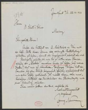 Brief an B. Schott's Söhne : 22.10.1913