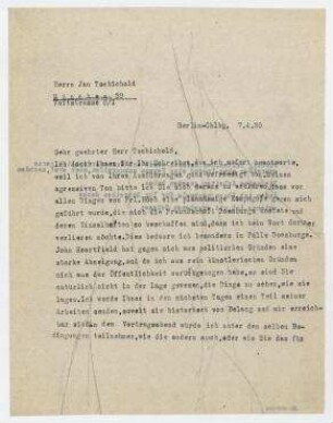 Brief von Raoul Hausmann an Jan Tschichold. Berlin