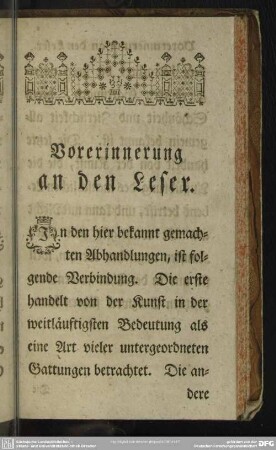 Vorerinnerung an den Leser