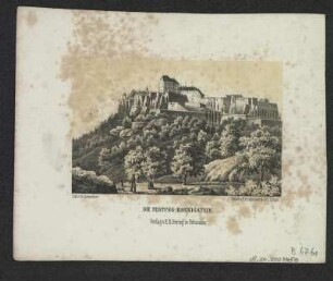 Ansicht der Festung Königstein, Lithographie, um 1840 : Die Festung Königstein / Lith. v. G. Schmelzer. - Schandau : E. R. Hering ; Zittau : E. Braumann , [um 1840?]. - 1 Kunstbl. : Lithographie ; 11 x 7 cm