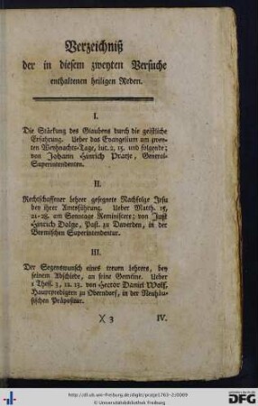 Verzeichniß der in diesem zweyten Versuche enthaltenen heiligen Reden.