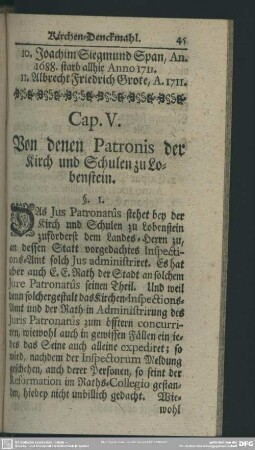 Cap. V. Von denen Patronis der Kirch und Schulen zu Lobenstein