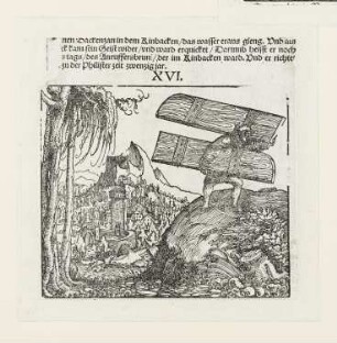 Simson trägt die Tore von Gaza, aus: Martin Luther, "Biblia: Das ist: Die gantze heilige Schrifft: Deudsch", Wittenberg 1561, S. 143 recto