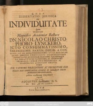Dissertatio Iuridica De Individuitate