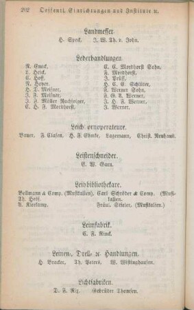 Landmesser. Lederhandlungen. Leich[...]ornoperateure. Leistenschneider. Leihbibliothekare. Leimfabrik. Lichtfabriken. Liqueurfabriken. Lithographische Anstalten. Lohgerber.]