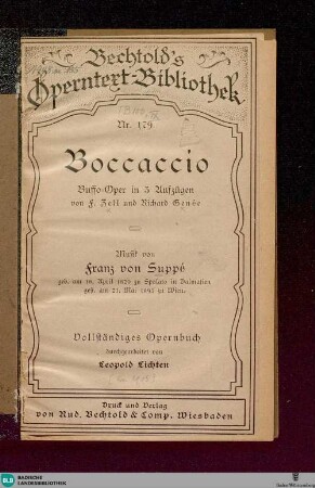 Boccaccio : Buffo-Oper in 3 Aufz.