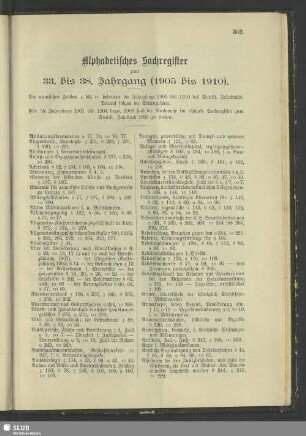 Alphabetisches Sachregister zum 33. bis 38. Jahrgang (1905 bis 1910)