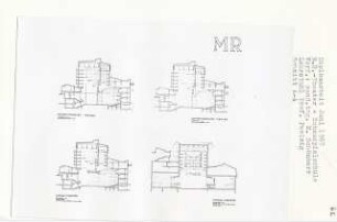 Max Reinhardt Theater und Schauspielschule, Berlin-Tiergarten (Diplomarbeit bei Peter Poelzig): Konventionelles Theater, Atrium-Theater, Schnitte