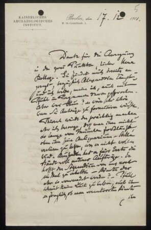 Nr. 5: Brief von Alexander Conze an Ulrich von Wilamowitz-Moellendorff, Berlin, 17.12.1901