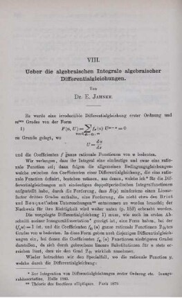 VIII. Ueber die algebraischen Integrale algebraischer Differentialgleichungen.
