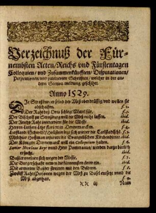 Verzeichnuß der Fürnembsten Acten/ Reichs und Fürstentagen Colloquien/ und Zusammenkünfften/ Disputationen/ Persecutionen/ publicierten Schrifften ...