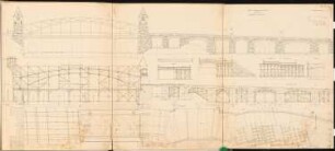 Umbau der Bahnhofsanlagen in A Schinkelwettbewerb 1907: Staatsstraßenüberführung. Ansicht, Grundriss, Schnitte 1:100