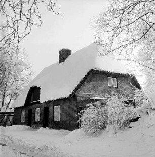 Reetdachhaus: "Schlosskate": hinten links Gatter: dahinter Bäume: vorn rechts Sträucher und Baum: Winter