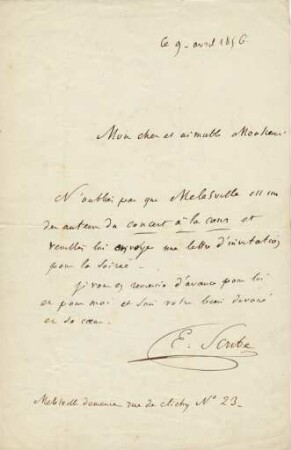 Korrespondenz von Eugène Scribe an Unbekannt