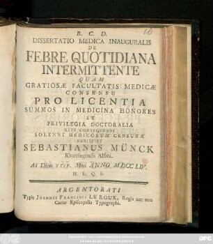 Dissertatio Medica Inauguralis De Febre Quotidiana Intermittente