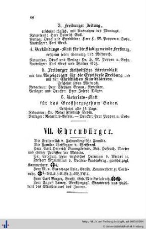 Ehrenbürger, Verzeichniß der Einwohner nach ihren Berufsgeschäften, Verzeichniß sämmtlicher Hauseigenthümer.