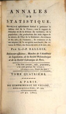 Annales de statistique. 4, 4. 1802
