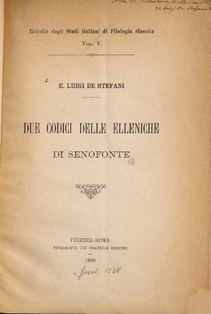 Due codici delle Elleniche di Senofonte : Estratto dagli Studi italiani di Filologia classica Vol. V