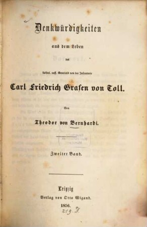 Denkwürdigkeiten aus dem Leben des kaiserl. russ. Generals von der Infanterie Carl Friedrich Grafen von Toll, Bd. 2