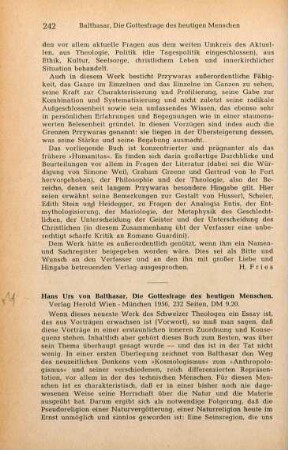 242-244 [Rezension] Balthasar, Hans Urs von, Die Gottesfrage des heutigen Menschen