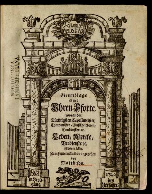 Grundlage einer Ehren-Pforte, woran der Tüchtigsten Capellmeister, Componisten, Musikgelehrten, Tonkünstler [et]c. Leben, Wercke, Verdienste [et]c. erscheinen sollen