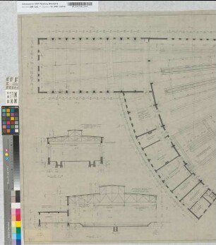 Bahnhof Soest: Wiederaufbau des Lokschuppens I Stand 1-8, Blatt 1: Grundriß, Schnitte [Abgelegt in Mappe: "Entwürfe von Th V", Beschriftung Deutsch/Englisch], M. 1:100 Hgl, Sknr.: 4, Fanr.: 12