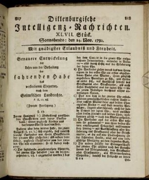 XLVII. Stück. Sonnabends: den 24. Nov. 1792.
