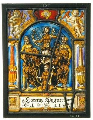 Wappenscheibe des Lorenz Pogner (Bogner) in architektonischer Rahmung mit Putti