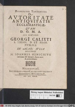 Disputatio Theologica De Autoritate Antiquitatis Ecclesiasticae