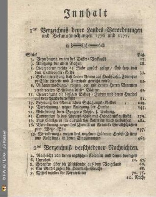 Inhalt. 1tes Verzeichniß derer Landes-Verordnungen und Bekanntmachungen 1776 und 1777